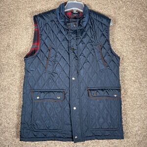 Mountain Expeditions Mens Navy Blue Quilted Vest Plaid Lined Snap Front Medium